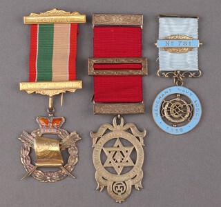 Masonic, a silver gilt and enamelled Centenary jewel Merchant Navy Lodge no.1859 London 1959, a silver gilt Royal Arch Chapter Principals jewel Birmingham 1940, 28 grams, together with a Royal Antediluvian Order of Buffalos Secretaries jewel Sir Douglas Haig Loge no.5122  