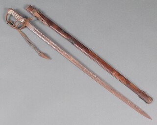 A Royal Artillery Officer's sword and leather scabbard, the blade numbered 51462 