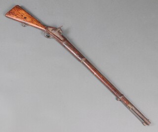 A 19th Century percussion muzzle loading rifle with 81cm barrel, the foresight marked 14/3/63 and with Eastern script to the side, there is 1 sling to the base of the stock, complete with ram rod 
