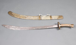 A Chinese Qing Dynasty Chinese Yaodao short sword with 83cm curved blade, wooden grip and gilt metal pommel, contained in a shagreen scabbard 