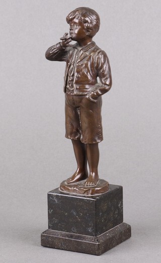 A bronze figure of a standing boy smoking a cigar raised on a square marble base 20cm 