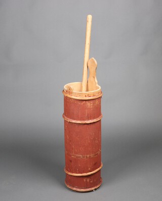 A Continental pine cylindrical butter churn complete with agitator (a/f) 84cm h 