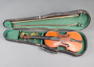 A violin with 2 piece back 13 3/4", unlabelled, complete with carrying case 