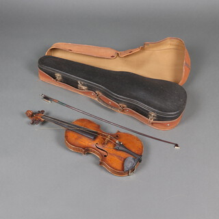 A violin with single piece back 13.5",  contained in a black fibre and brown cloth carrying case  