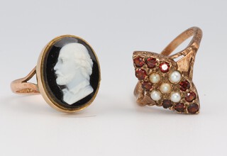 A 9ct yellow gold cameo ring size I and a ditto garnet and pearl ring size N 1/2, gross weight 5.4 grams