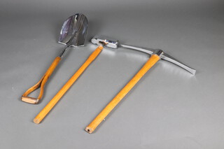 A Hardypick military issue chromium plated pick axe marked 7, dated 1942 with broad arrow and oak shaft, a Hardypick 14lbs chromium plated sledge hammer and a chromium plated spade marked 2 Heat USA 