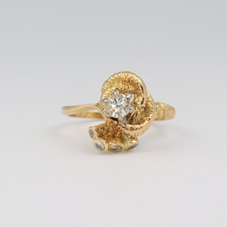 An 18ct yellow gold mid-century scroll ring, set with a brilliant cut diamond 0.30ct, size O, 4.8 grams 
