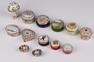 Two Halcyon Days enamelled egg boxes 3cm, 5 other Halcyon Days enamelled boxes, 2 Crummles boxes and 4 others