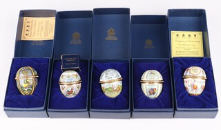 Five Halcyon Days enamelled Easter eggs 1986, 1988-1990 and 1992, all boxed 5cm 