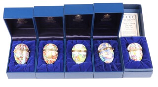 Five Halcyon Days enamelled Easter eggs 1994, 1996, 1997, 1999 and 2000, 5cm all boxed