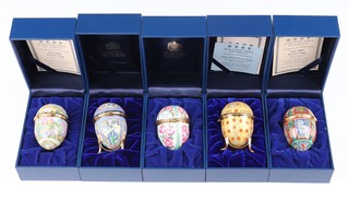 Five Halcyon Days enamelled Easter eggs 2001-2005, 5 cm, all boxed 