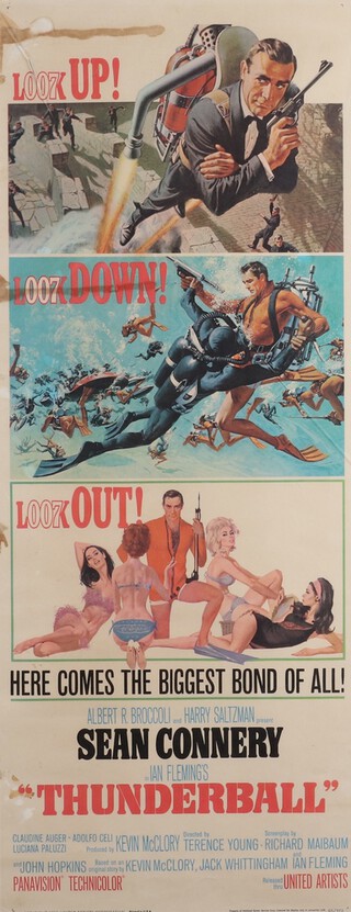 James Bond, an original vintage US Insert movie poster for Thunderball, Copyright United Artists 1965 marked 65/372 to bottom right corner, framed glass broken, framed 90cm x 34cm, 
