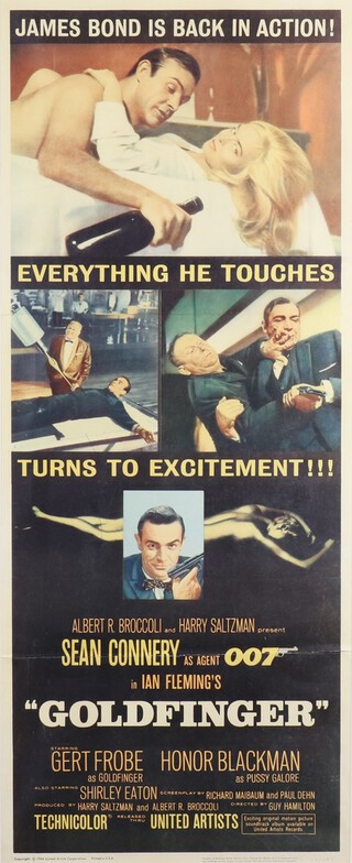James Bond, an original vintage US Insert movie poster for Goldfinger, copyright United Artists Corporation 1964, marked 64/359 to bottom right corner, framed 94cm x 35cm 