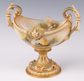 A Royal Worcester 2 handled blush porcelain vase decorated with roses, signed F Linder, marked 194/H10R74 19cm 