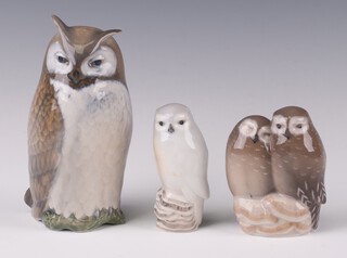 A Royal Copenhagen figure of an owl 2999 14cm, ditto of 2 owls 834 8cm and a single owl 1741 9cm 