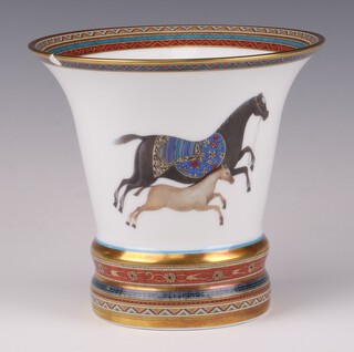 Hermes, a Cheval d'Orient porcelain trumpet shaped vase decorated running horses 13cm h x 15cm diam. 