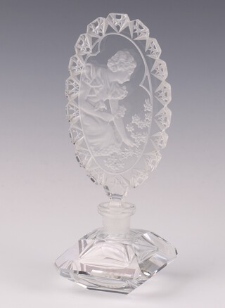A modern Czechoslovakian Art Deco style octagonal scent bottle, the stopper engraved with a figure of a lady kneeling picking flowers 21cm, boxed 