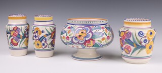 A mid-century Poole pedestal bowl decorated with flowers 17cm, a baluster vase 14cm, 2 tapered vases 15cm 