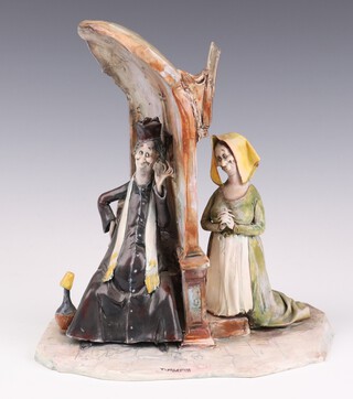 A Lo Scricciolo mid-century studio ceramic figure group of a priest and parishioner in confession signed T Moretto 23cm 