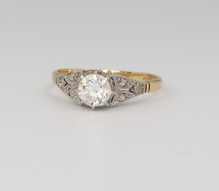 An 18ct yellow gold single stone brilliant cut diamond ring approx. 0.75ct, the shoulders each set with 3 small diamonds, size M, colour H/J, clarity SI1 
