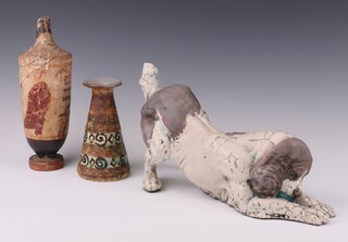 A studio ceramic figure of a dog 30cm, ditto tapered vase 15cm and Roman urn shaped vase (a/f) 