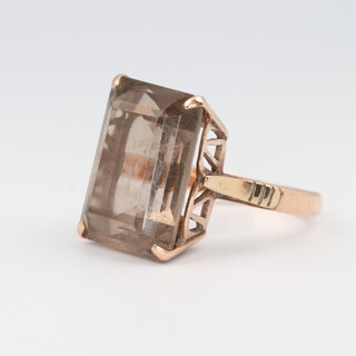 A yellow gold, testing as 14ct smoky quartz rectangular dress ring size P 1/2, 7.2 grams 