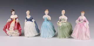 Five Royal Doulton porcelain ladies - Southern Belle HN2269 20cm and Enchantment HN2178 18cm, a Hostess of Williamsburg HN2209 18cm, Alison HN2236 20cm and Clarissa HN2345 17cm (cracked) 