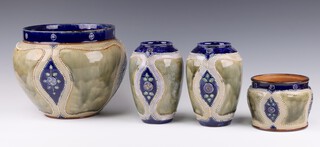 A Royal Doulton jardiniere decorated with flowers 21cm, a pair of ditto vases 17cm and a tobacco jar base 10cm 