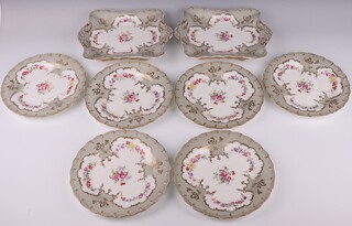 A Victorian Daniell dessert service comprising 6 plates and 2 serving dishes  with grey and gilt rims enclosing spring flowers 