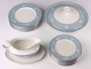 A Royal Doulton Reflection pattern part dinner service comprising 9 small plates, 8 side plates, 11 dinner plates, 8 soup bowls, 2 tureens and covers, sauce boat and stand 
