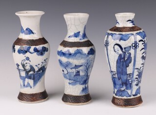 A pair of Chinese crackle glazed baluster vases decorated with figures in landscapes 20cm, a similar ditto decorated with a lady on a pavilion terrace 19cm 
