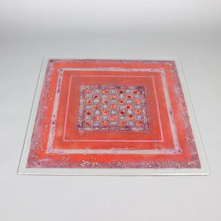 S Bower, 21st Century Studio Glass panel with centred geometric square decoration 80cm x 80cm with wall bracket attachments 
