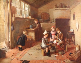 Harry Brooker (British 1848-1940) "Busy Hours" Children in an interior scene making a Pond Yacht, oil on canvas, signed and dated 1888, 69.5cm x 90cm, within a walnut frame