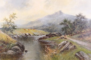 **Alfred Fontville de Breanski  (British 1877-1957), Highland Landscape with Stream, Cattle and Figures on a Path, oil on canvas, signed, 50cm x 74cm, within a gilt composition frame **Please note that Artist's Resale Rights may be payable on this lot