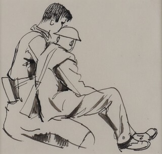 **Keith Vaughan (British 1912-1977), pen and ink, study of 2 soldiers, label on verso from the artists estate 11cm x 12cm **Please note that Artist's Resale Rights may be payable on this lot