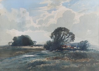 Edwin Lawson James Harris (British, 1891-1961) South Downs Landscape with Cattle and Herdsman, watercolour, signed and dated 1941, 39cm x 53cm within a gilt frame
