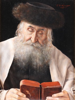 **Otto Eichinger (Austrian, 1922-2004) Portrait of a Rabbi holding a Book, oil on board, signed, 25cm x 19cm, within a gilt composition frame **Please note that Artist's Resale Rights may be payable on this lot