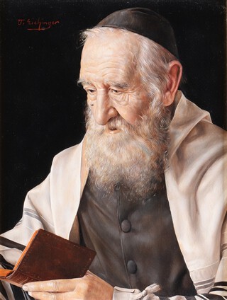 ** Otto Eichinger (Austrian, 1922-2004) Portrait of a Rabbi holding a Book, oil on board, signed, 25cm x 19cm, within a gilt composition frame **Please note that Artist's Resale Rights may be payable on this lot