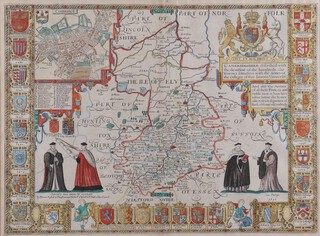 John Speed, "Cambridgshire described with the Devision of the Hundreds, the Townes situation with the Armes of the Colleges of that famous Universiti" (Map of Cambridgeshire), 17th Century engraving with hand-colouring on laid paper, published by Thomas Bassett and Richard Chiswell, 40cm x 53cm, within a Hogarth style frame.