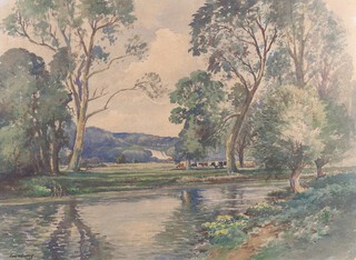 Edwin Lawson James Harris (British, 1891-1961) River Landscape with Cattle grazing, probably the Arun, watercolour, signed and dated 1956, 51cm x 71cm, within a gilt frame.	
