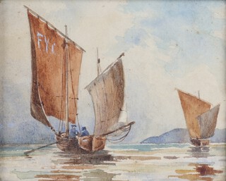 British School, Maritime Scene with two Sailing Vessels, watercolour, 10cm x 13cm, within a birds-eye maple frame.	