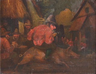 Dutch School, Tavern Scene with a Man riding on the Back of a large Pig or Boar, late 18th/early 19th century oil on board, 14cm x 18cm, within a gilt composition frame.