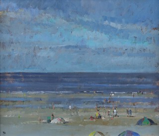 **Tom Coates (British 1941-2023), Summer Beach Scene with Figures, oil on canvas, signed with monogram, 24cm x 29cm, within a painted and gilt wood frame **Please note that Artist's Resale Rights may be payable on this lot
