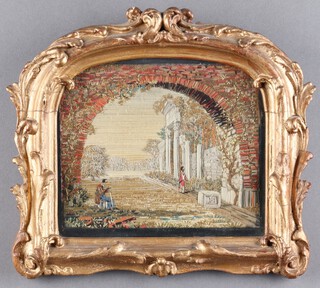 A 19th century woolwork picture, detailed with soldiers in Napoleonic uniform near an Archway and Classical Building, 17cm x 21cm, within a gilt composition frame with foliate ornamentation.