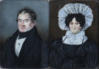 19th Century British School, Miniature Half Length Portraits of a Lady wearing a Black Dress and Lace Cap, and a Gentleman wearing a Black Jacket and Black Stock, watercolours on ivory, 10cm x 8cm, both within gilt composition frames. Ivory exemption Certificate 5BTQJV93