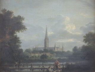 British School, A View of Salisbury with Figures Fishing from a Bridge and the Cathedral beyond, late 18th/early 19th century oil on canvas, 24cm x 31cm, within a gilt composition frame.	