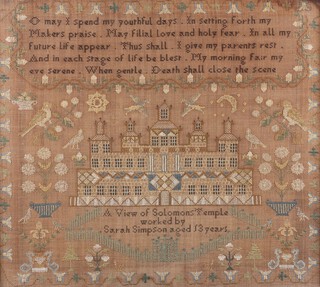 A 19th century sampler by Sarah Simpson '13 years of age' with verse above a central panel of Solomon's Temple, enclosed in a floral border, 48cm x 54cm, within a stained wood frame.	