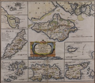 Robert Morden, "The Smaller Islands in the British Ocean" (Guernsey, Jersey, Wight, Alderney, Scilly, Man, Holy and Farne Islands), 17th century engraving with hand-colouring on laid paper, 36cm x 42cm, within a Hogarth style frame.