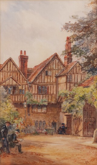 C. Maggs, British School, Figures outside a Tudor Style House, late 19th/early 20th century watercolour, signed 39cm x 23cm, within a gilt frame.