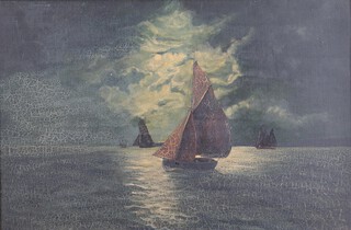 British School, Sailing Vessels under Moonlight, late 19th/early 20th century oil on canvas, 31cm x 46cm, within a gilt composition frame